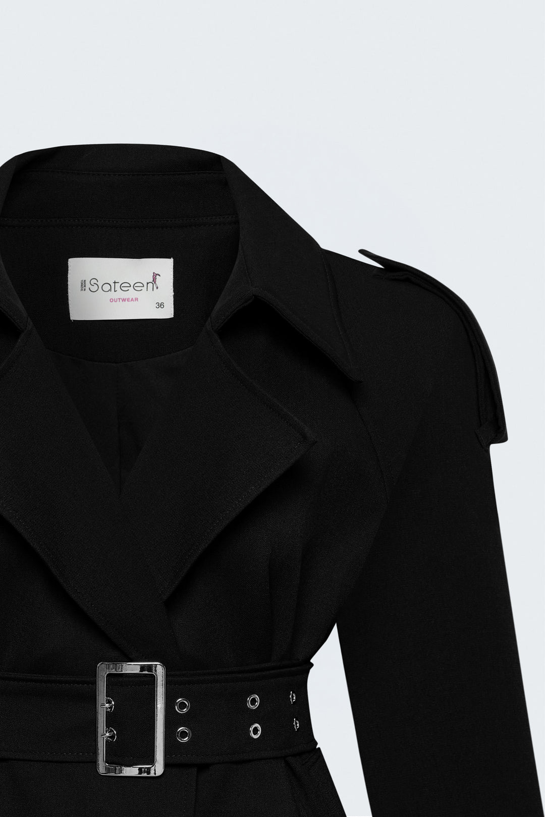 Sateen Trench Court avec Ceinture - Noir