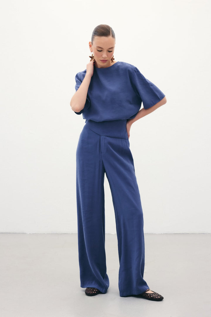 Sateen Pantalon modal avec ceinture - Indigo