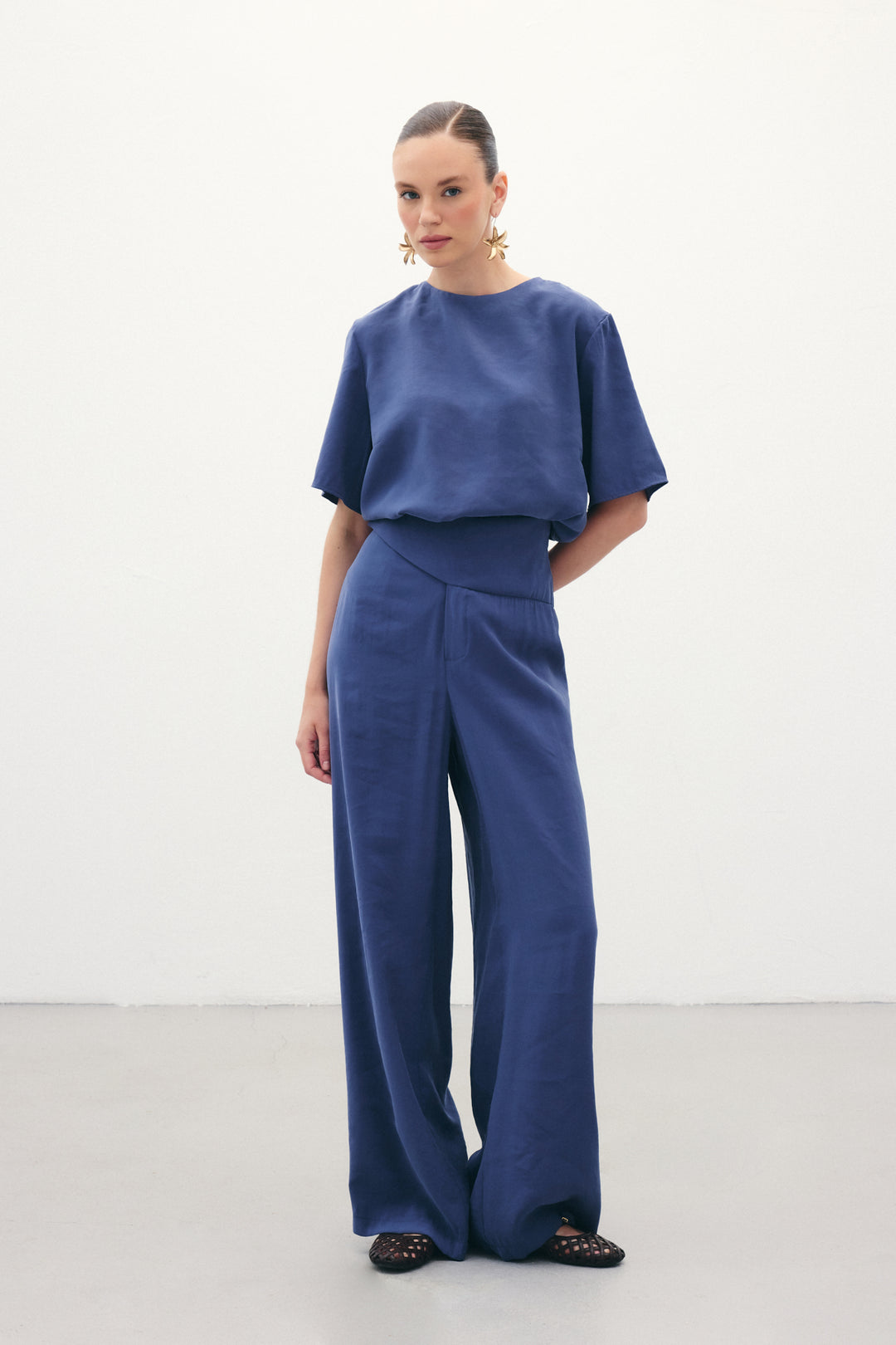 Sateen Pantalon modal avec ceinture - Indigo