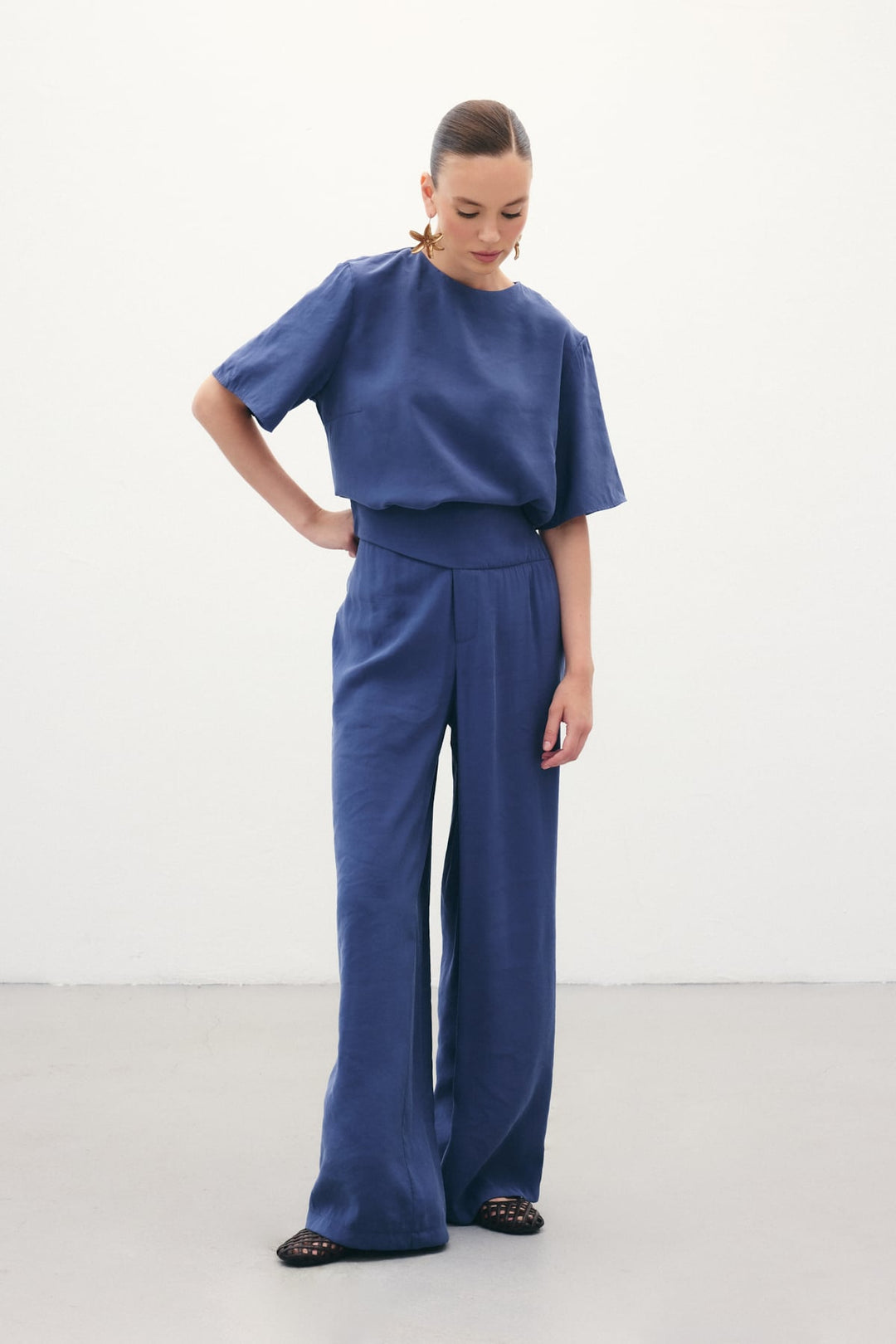 Sateen Pantalon modal avec ceinture - Indigo