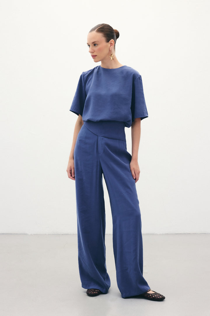 Sateen Pantalon modal avec ceinture - Indigo