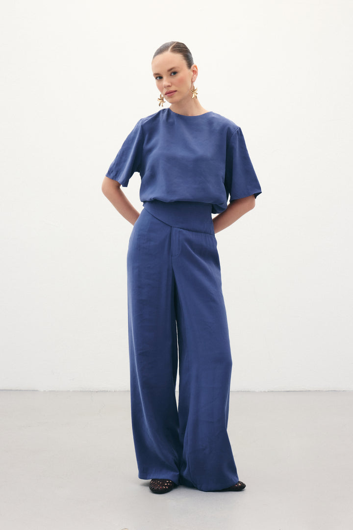 Sateen Pantalon modal avec ceinture - Indigo