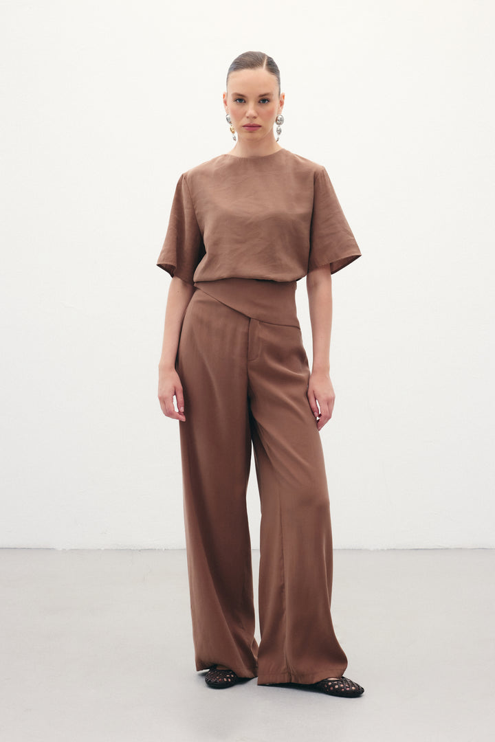 Sateen Pantalon modal avec ceinture - Marron