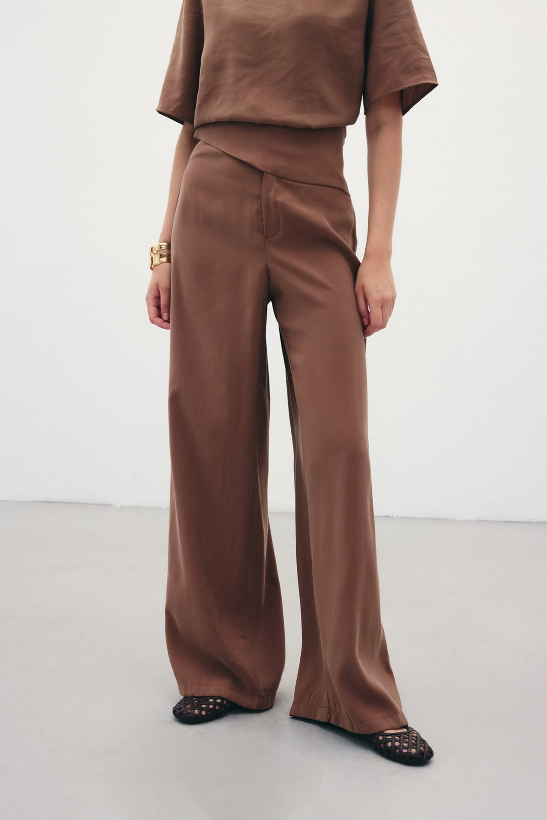 Sateen Pantalon modal avec ceinture - Marron