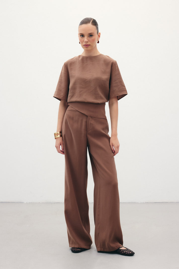 Sateen Pantalon modal avec ceinture - Marron