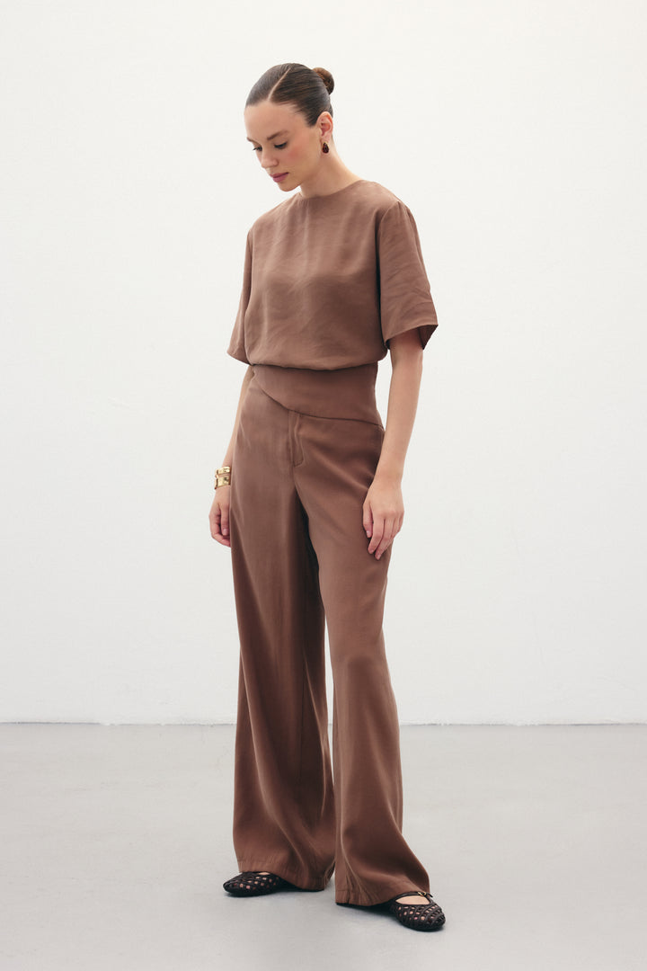 Sateen Pantalon modal avec ceinture - Marron