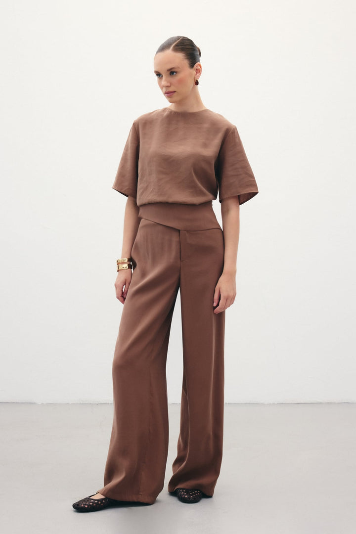 Sateen Pantalon modal avec ceinture - Marron