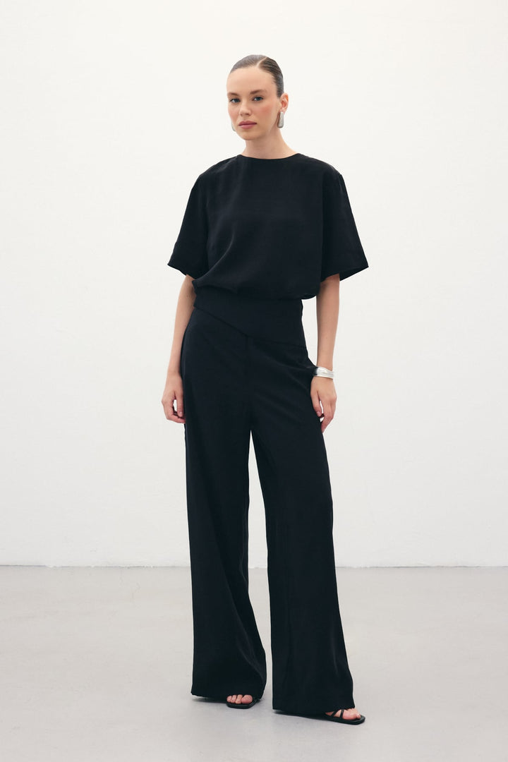 Sateen Pantalon Modal avec Détail de Ceinture - Noir