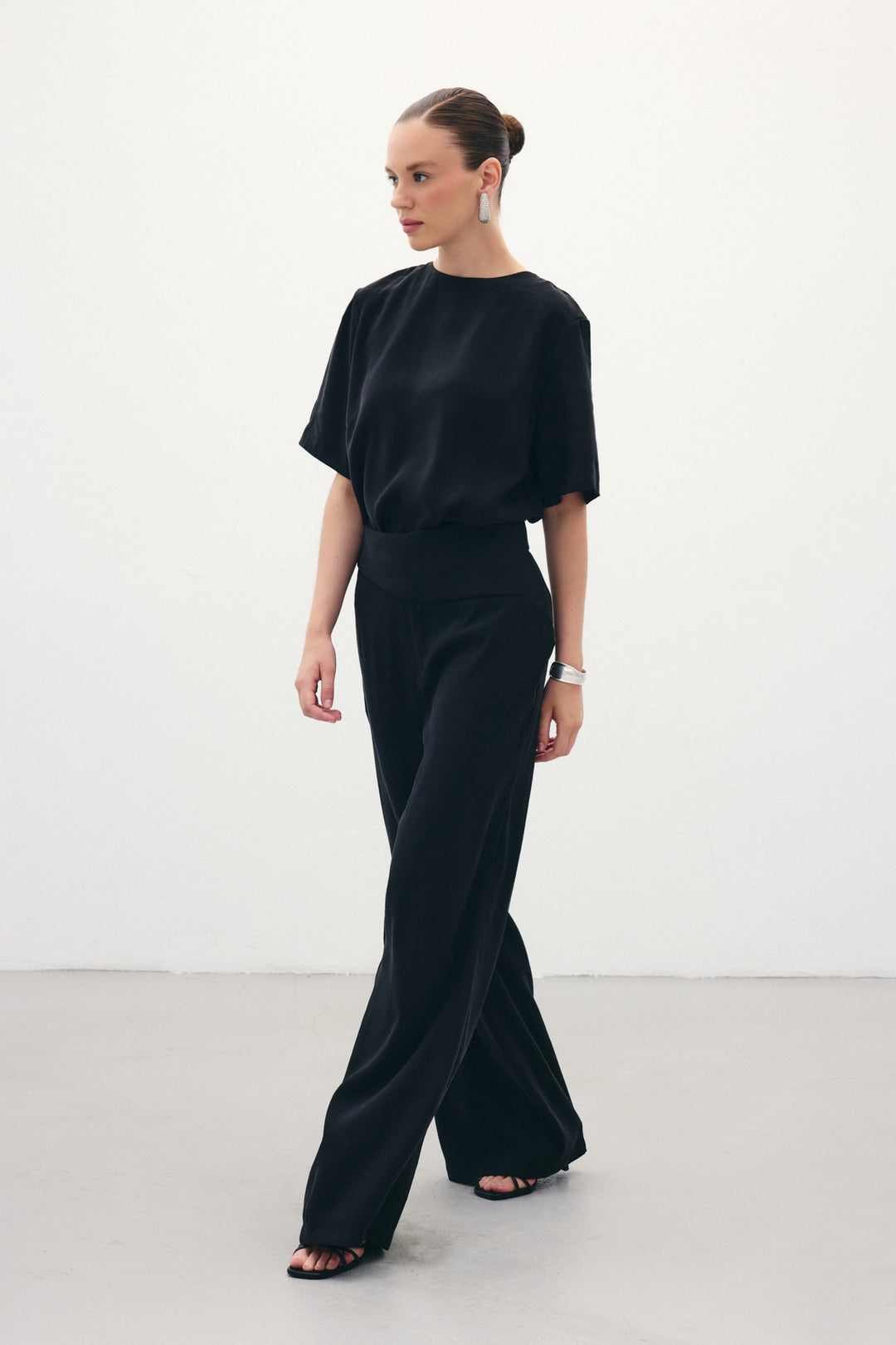 Sateen Pantalon Modal avec Détail de Ceinture - Noir