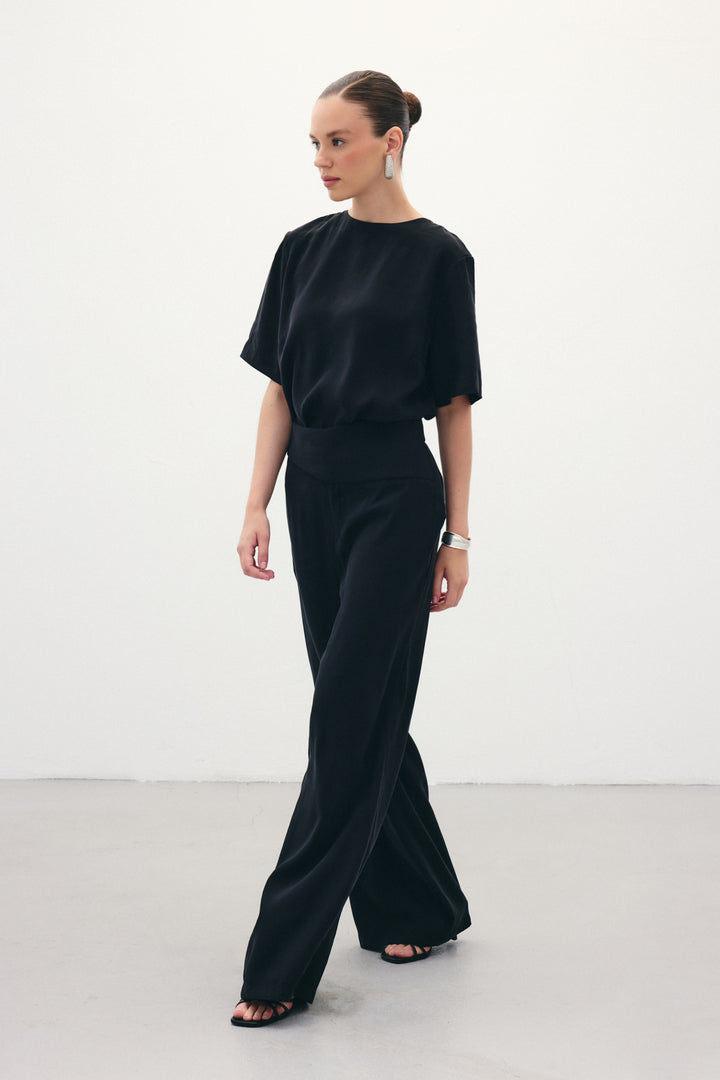 Sateen Pantalon Modal avec Détail de Ceinture - Noir
