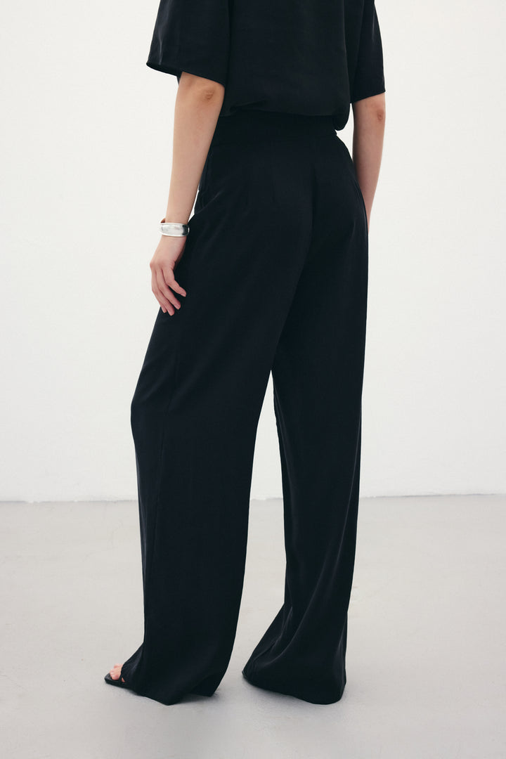 Sateen Pantalon Modal avec Détail de Ceinture - Noir