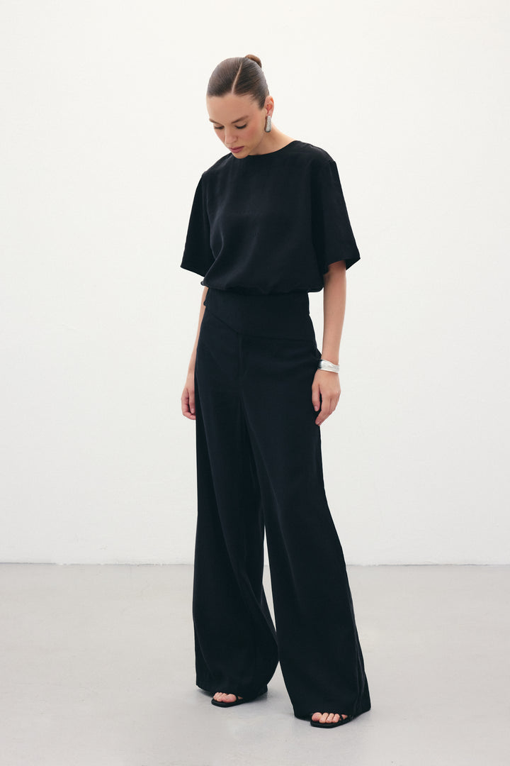 Sateen Pantalon Modal avec Détail de Ceinture - Noir