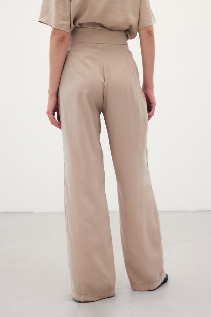 Sateen Pantalon Modal avec Détails de Ceinture - Pierre