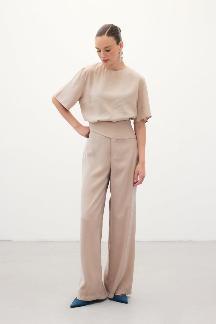 Sateen Pantalon Modal avec Détails de Ceinture - Pierre