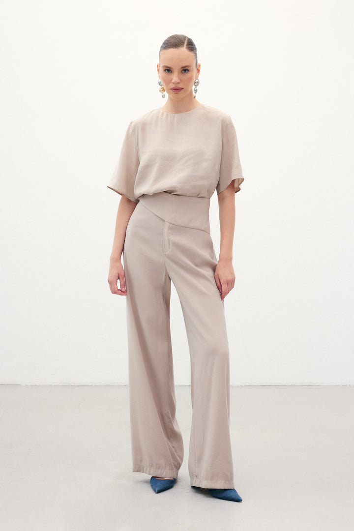 Sateen Pantalon Modal avec Détails de Ceinture - Pierre