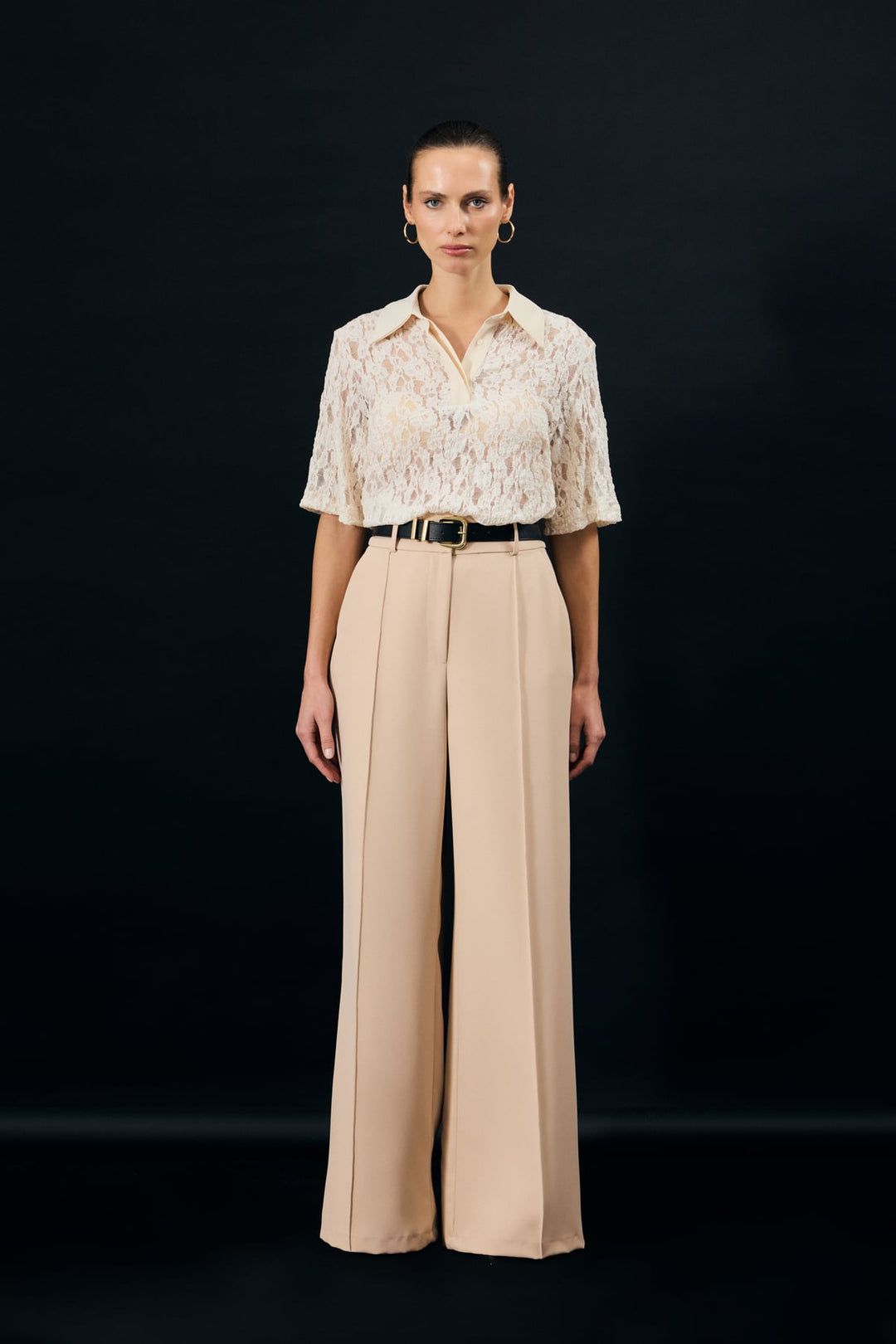 Sateen Pantalon avec détail de ceinture - Beige