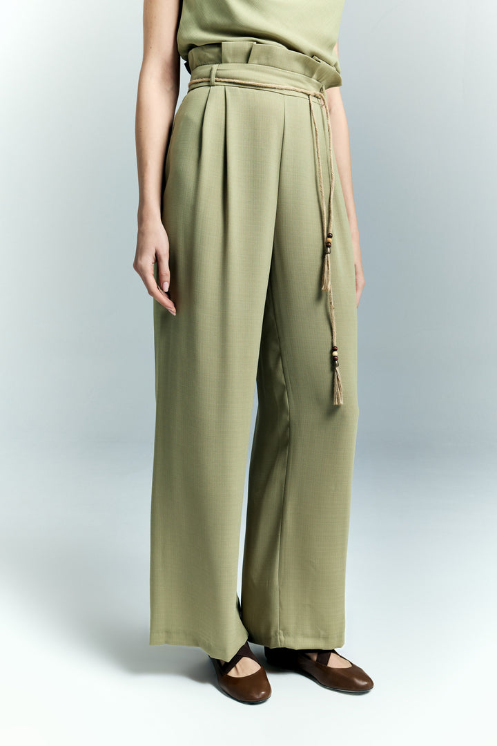 Sateen Pantalon à Détails Ceinture - Kaki
