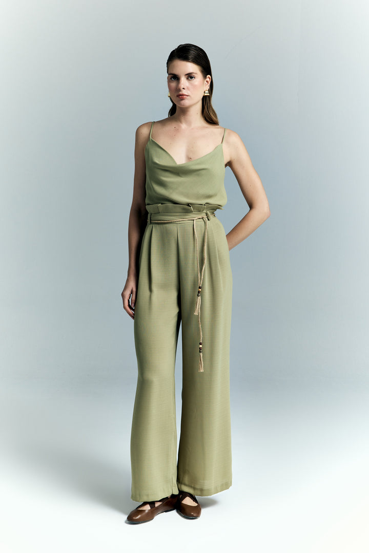 Sateen Pantalon à Détails Ceinture - Kaki