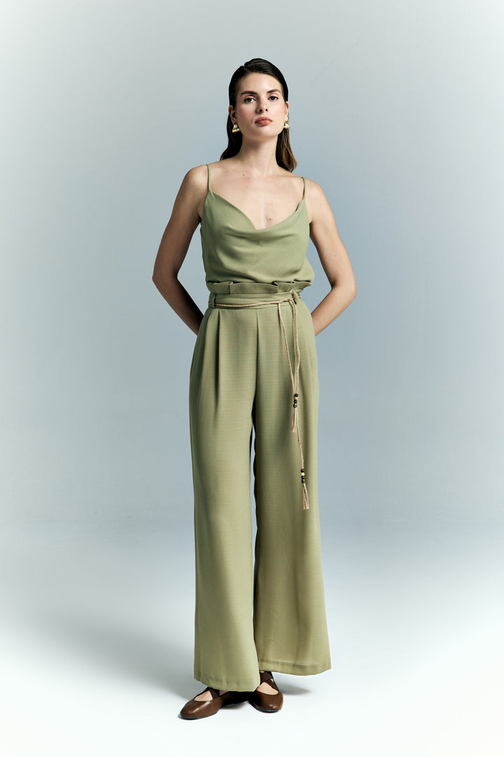 Sateen Pantalon à Détails Ceinture - Kaki