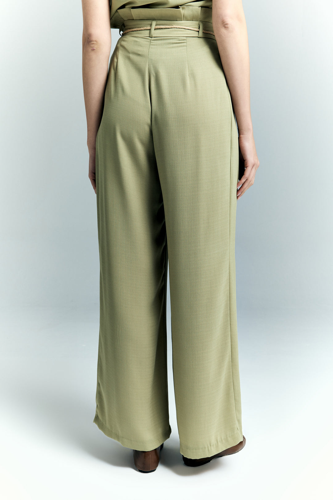 Sateen Pantalon à Détails Ceinture - Kaki
