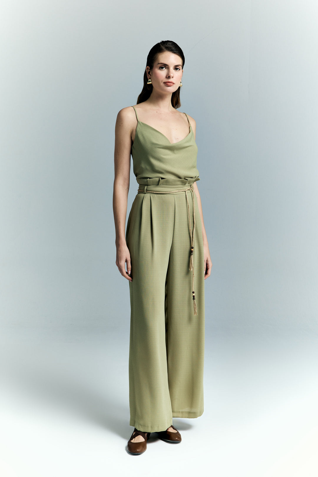 Sateen Pantalon à Détails Ceinture - Kaki