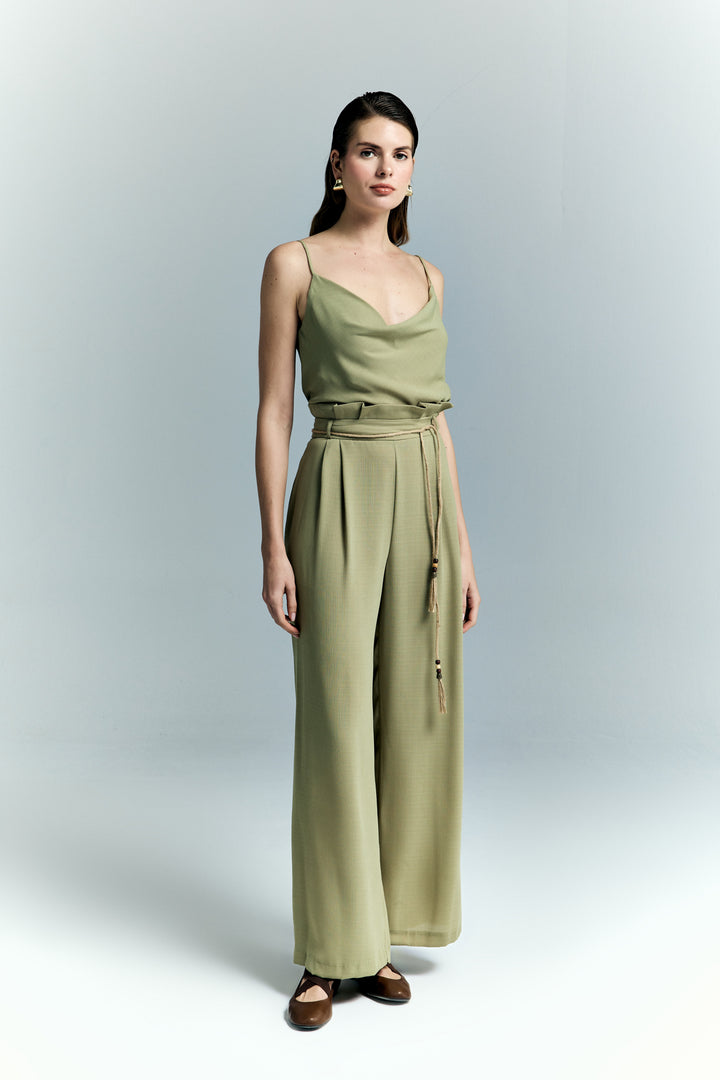 Sateen Pantalon à Détails Ceinture - Kaki