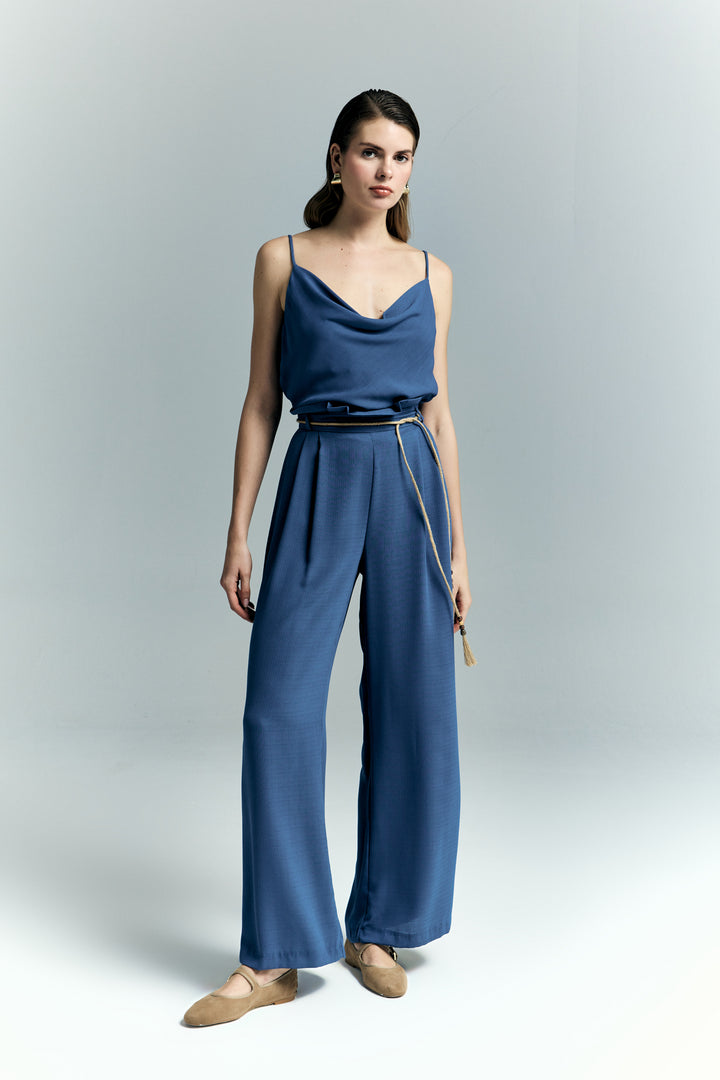 Sateen Pantalon à Détails Ceinture - Indigo