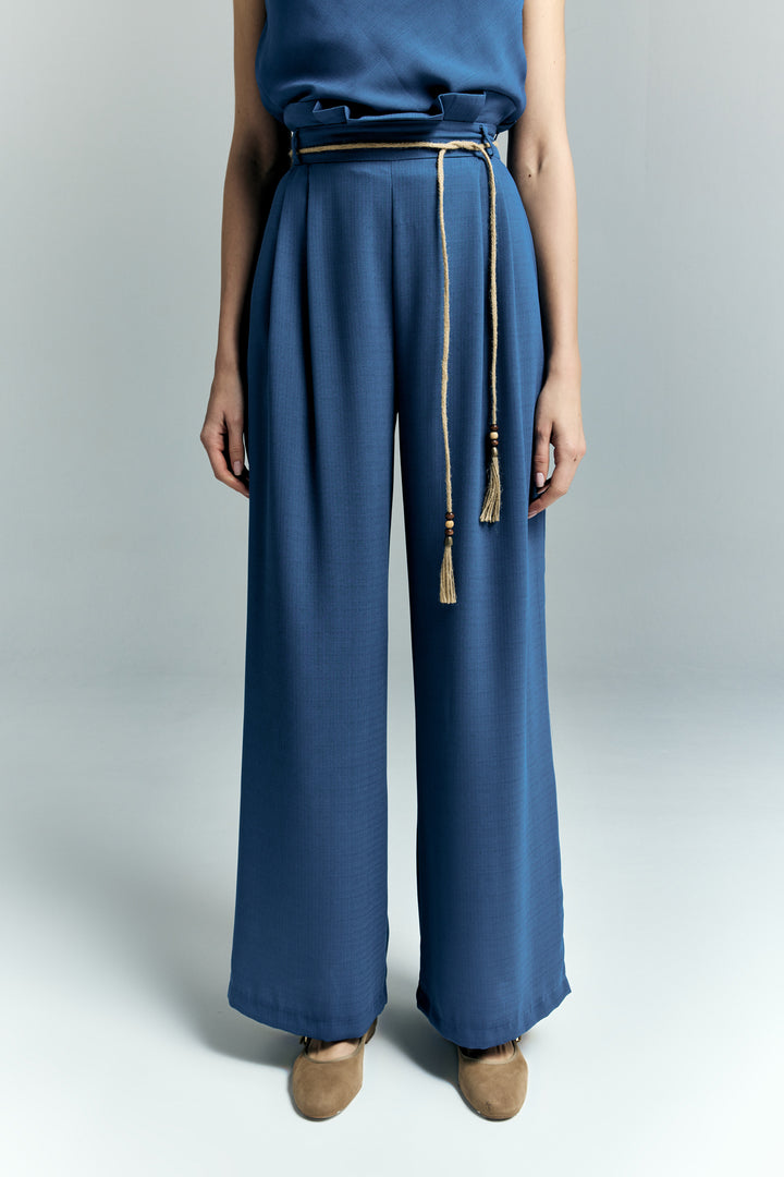 Sateen Pantalon à Détails Ceinture - Indigo