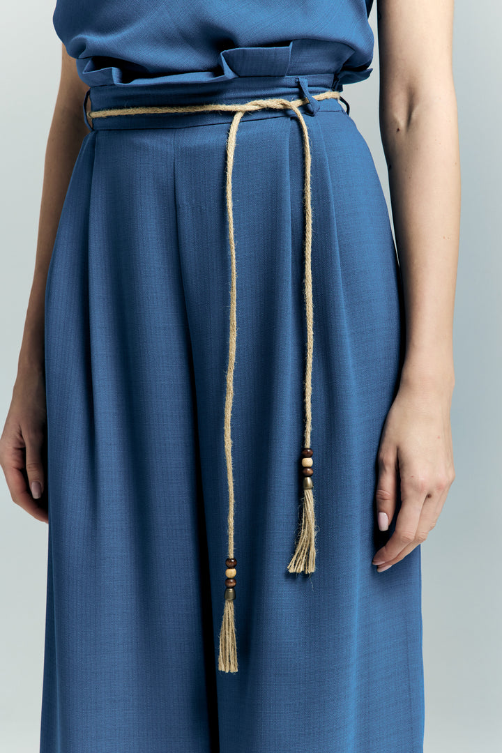 Sateen Pantalon à Détails Ceinture - Indigo
