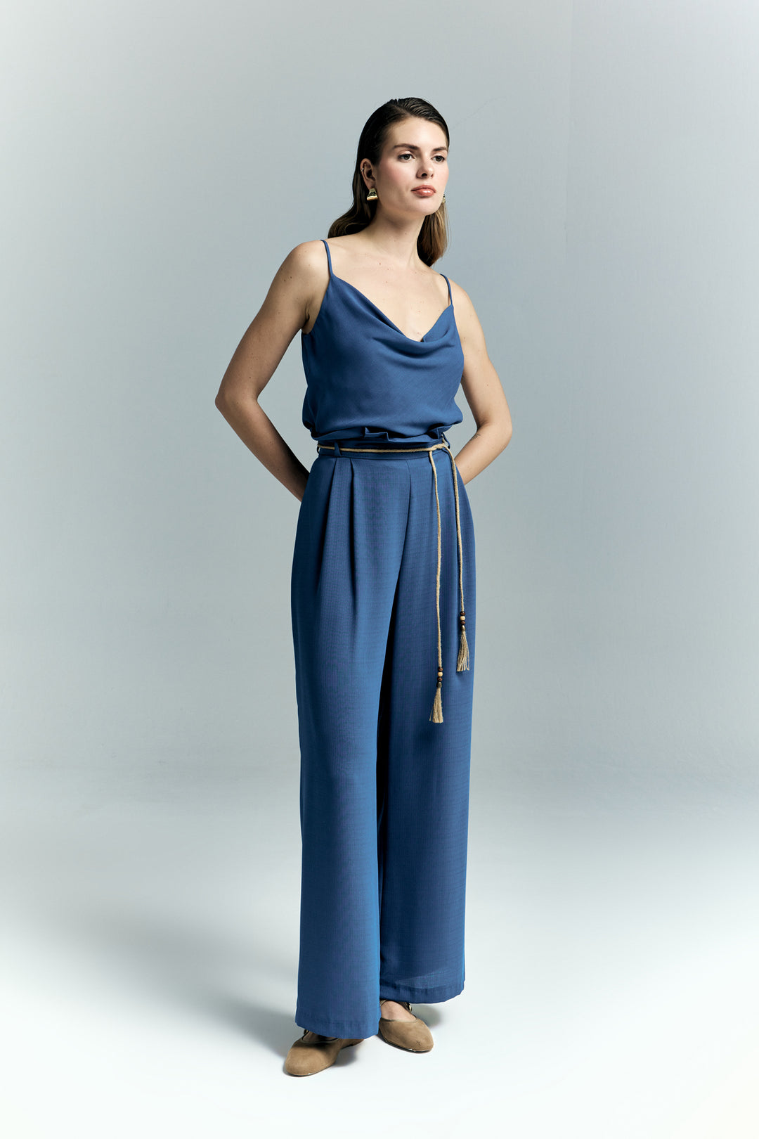 Sateen Pantalon à Détails Ceinture - Indigo