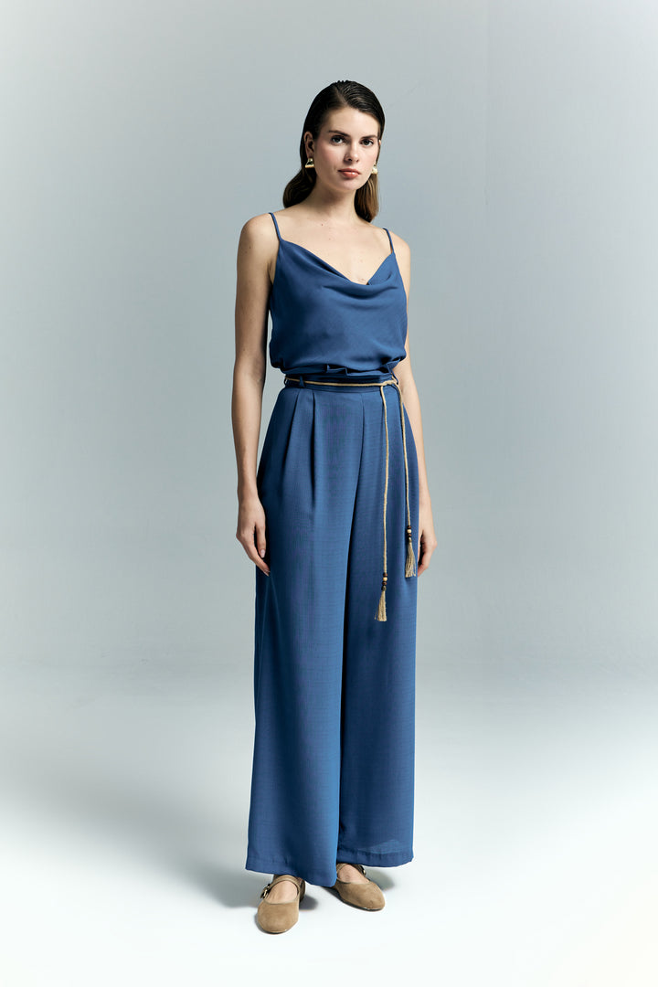 Sateen Pantalon à Détails Ceinture - Indigo