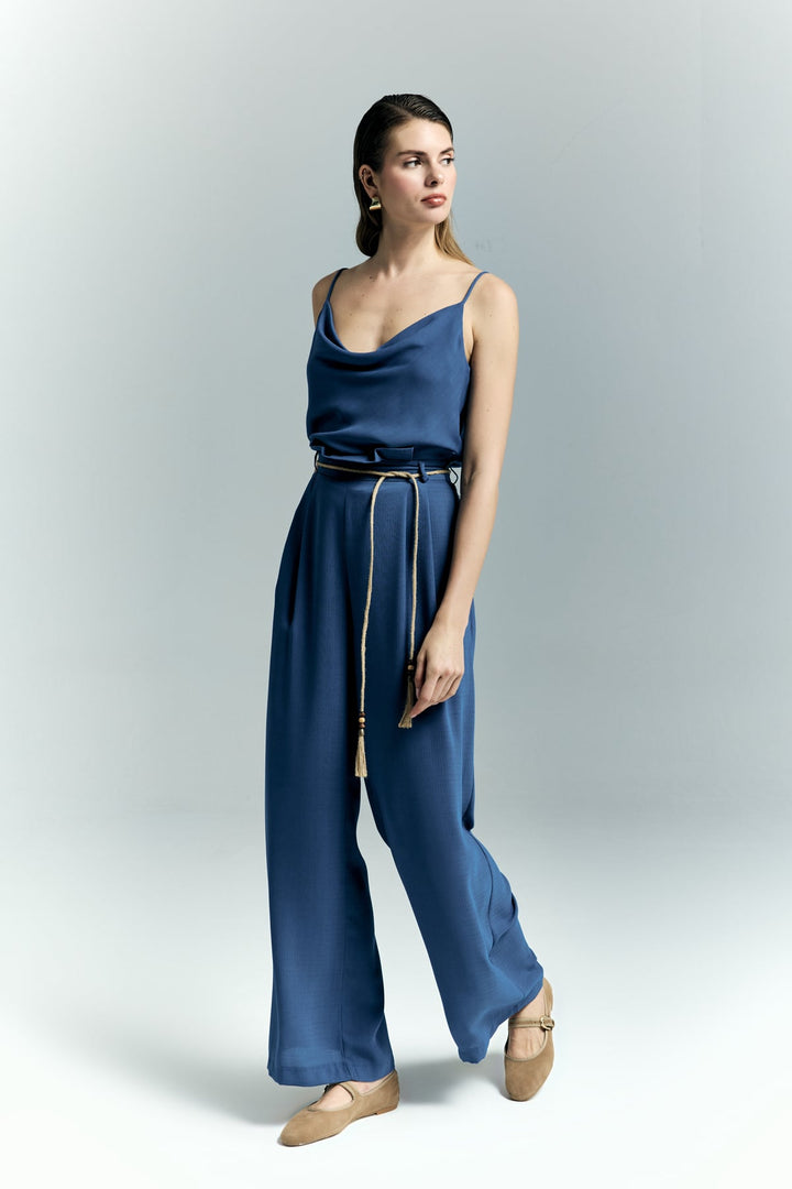 Sateen Pantalon à Détails Ceinture - Indigo