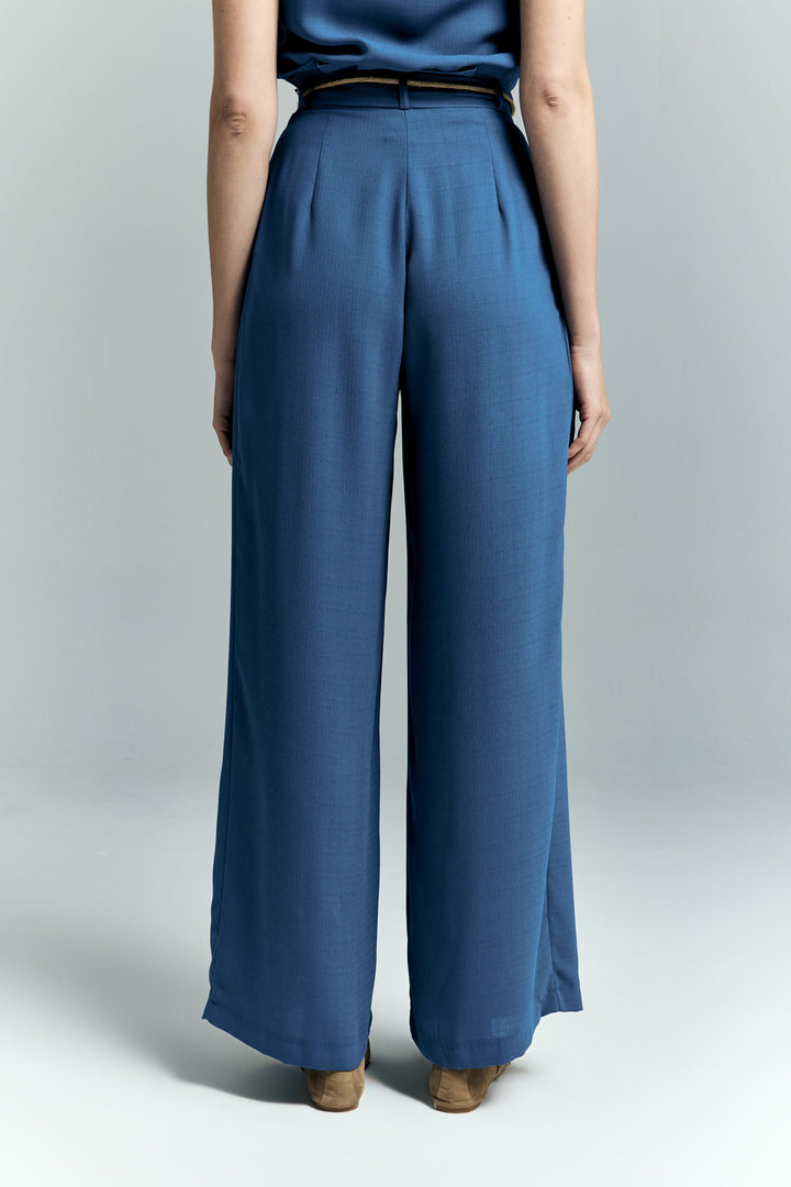 Sateen Pantalon à Détails Ceinture - Indigo