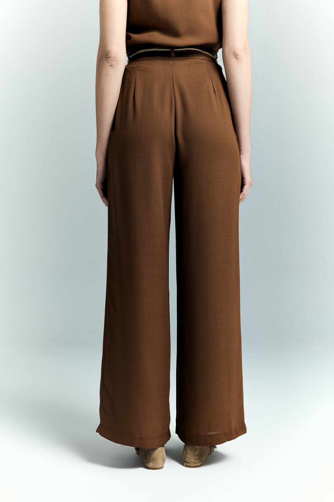 Sateen Pantalon à Détails Ceinture - Marron