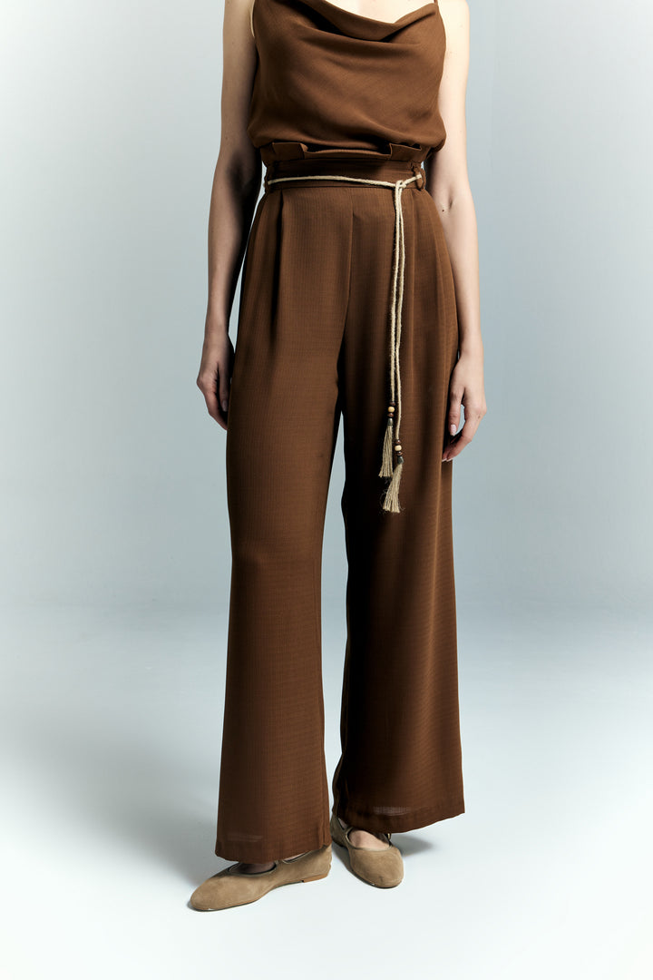 Sateen Pantalon à Détails Ceinture - Marron