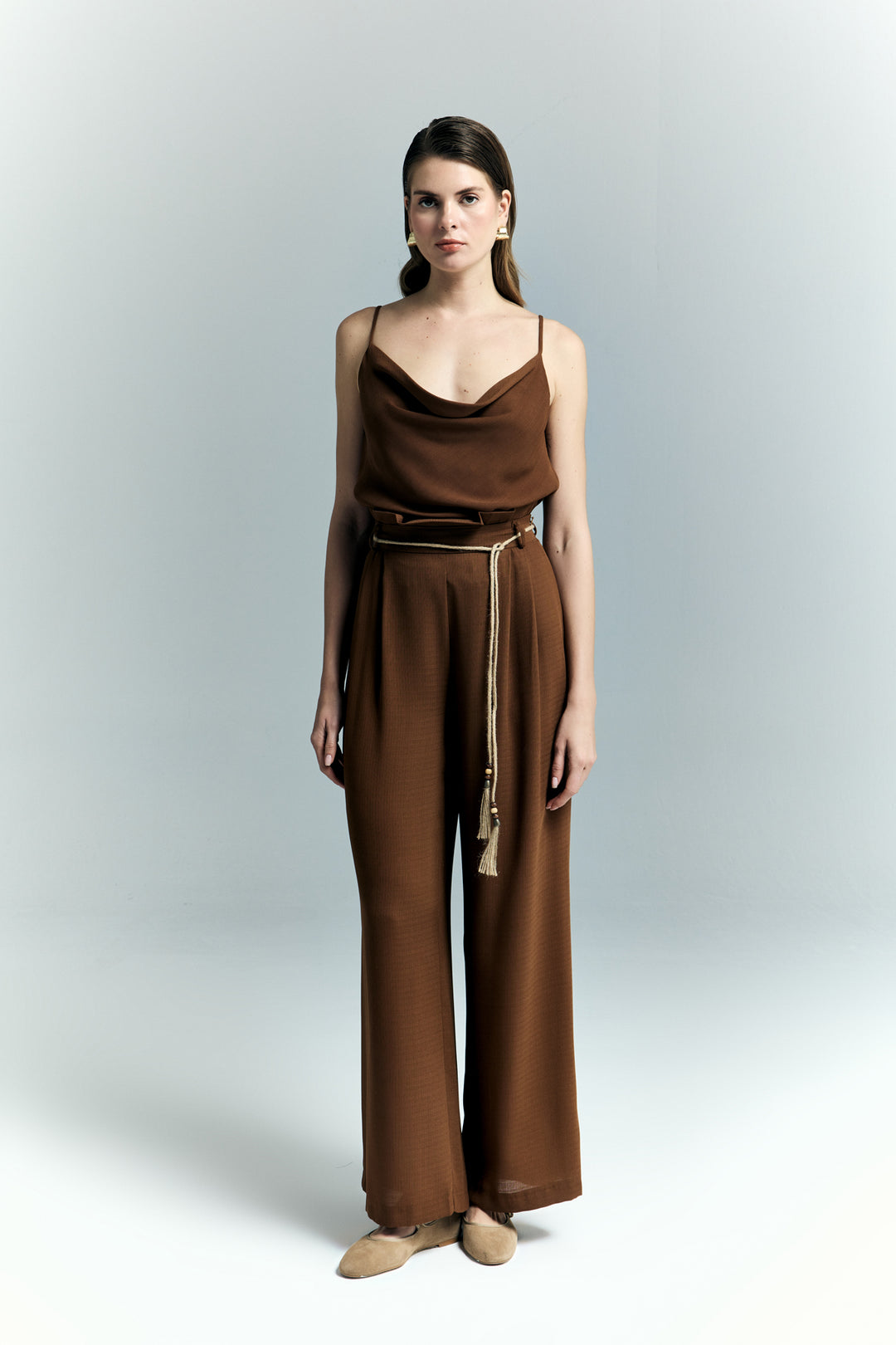 Sateen Pantalon à Détails Ceinture - Marron