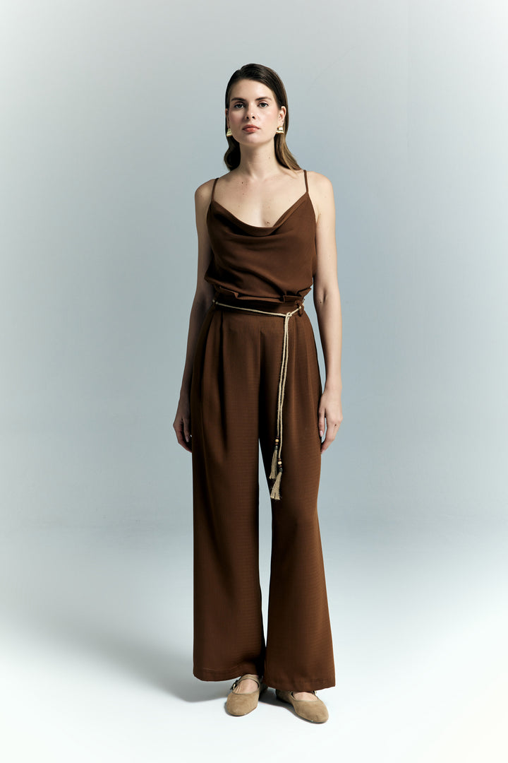 Sateen Pantalon à Détails Ceinture - Marron
