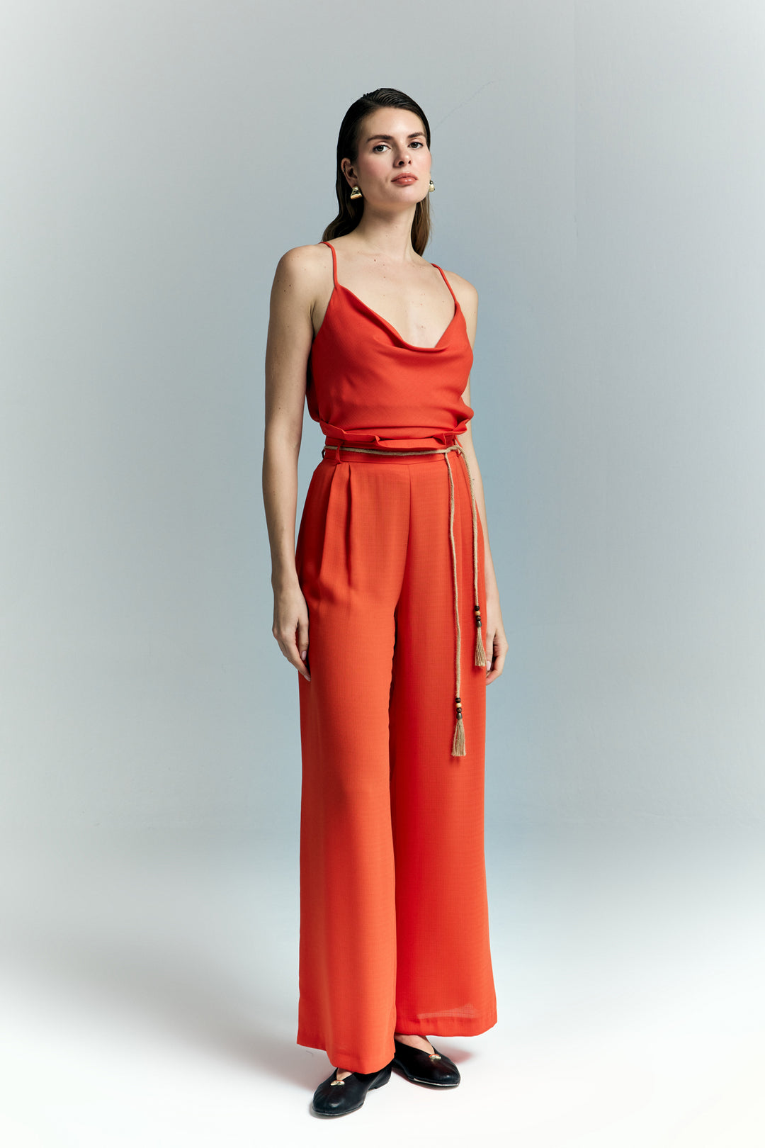 Sateen Pantalon à Détails Ceinture - oranj