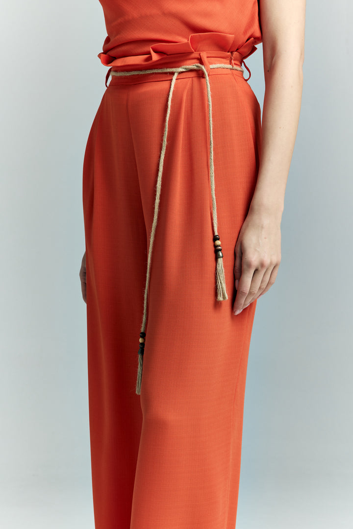 Sateen Pantalon à Détails Ceinture - oranj