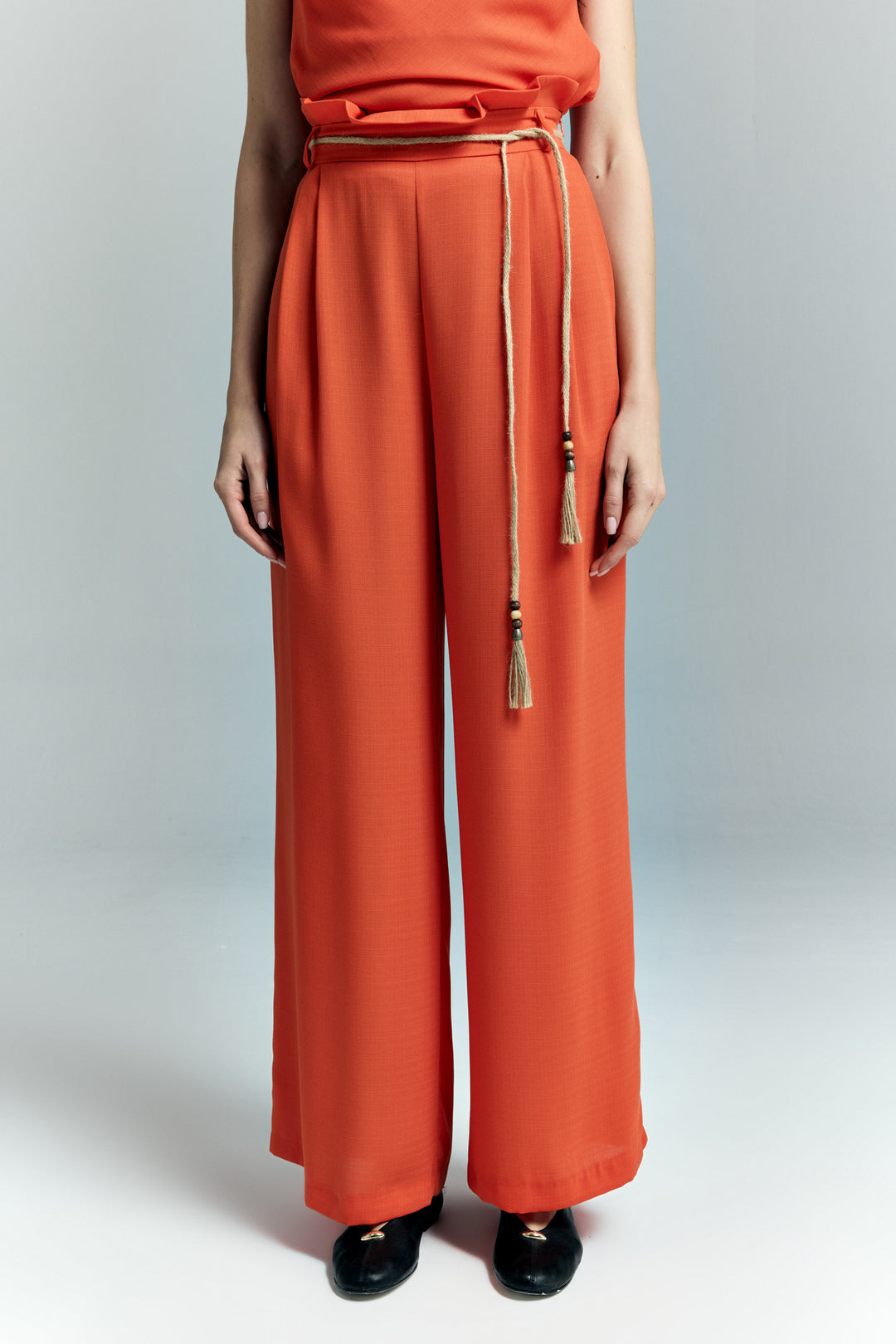 Sateen Pantalon à Détails Ceinture - oranj