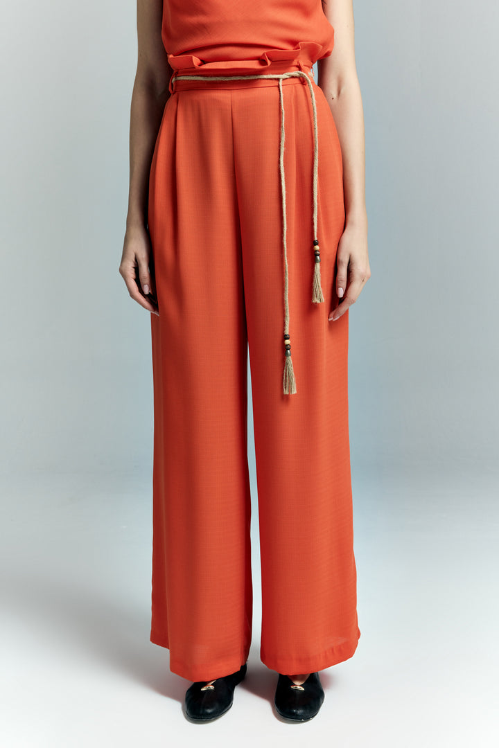 Sateen Pantalon à Détails Ceinture - oranj