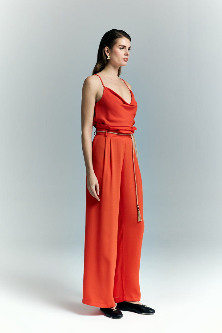 Sateen Pantalon à Détails Ceinture - oranj