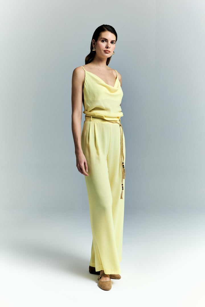 Sateen Pantalon à Détails Ceinture - Jaune