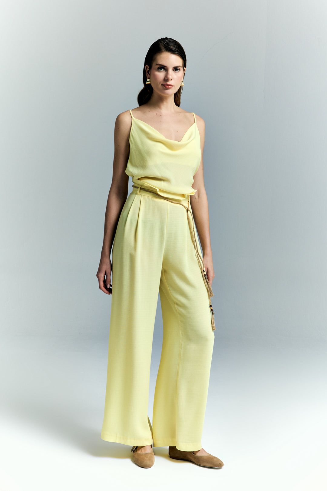 Sateen Pantalon à Détails Ceinture - Jaune