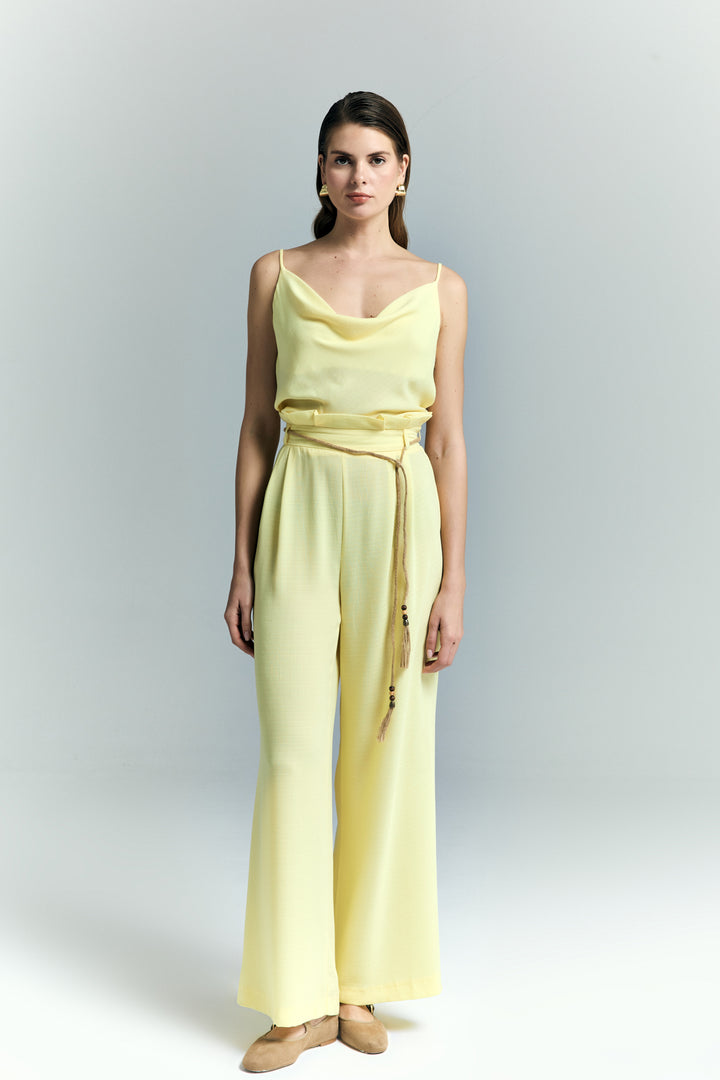 Sateen Pantalon à Détails Ceinture - Jaune