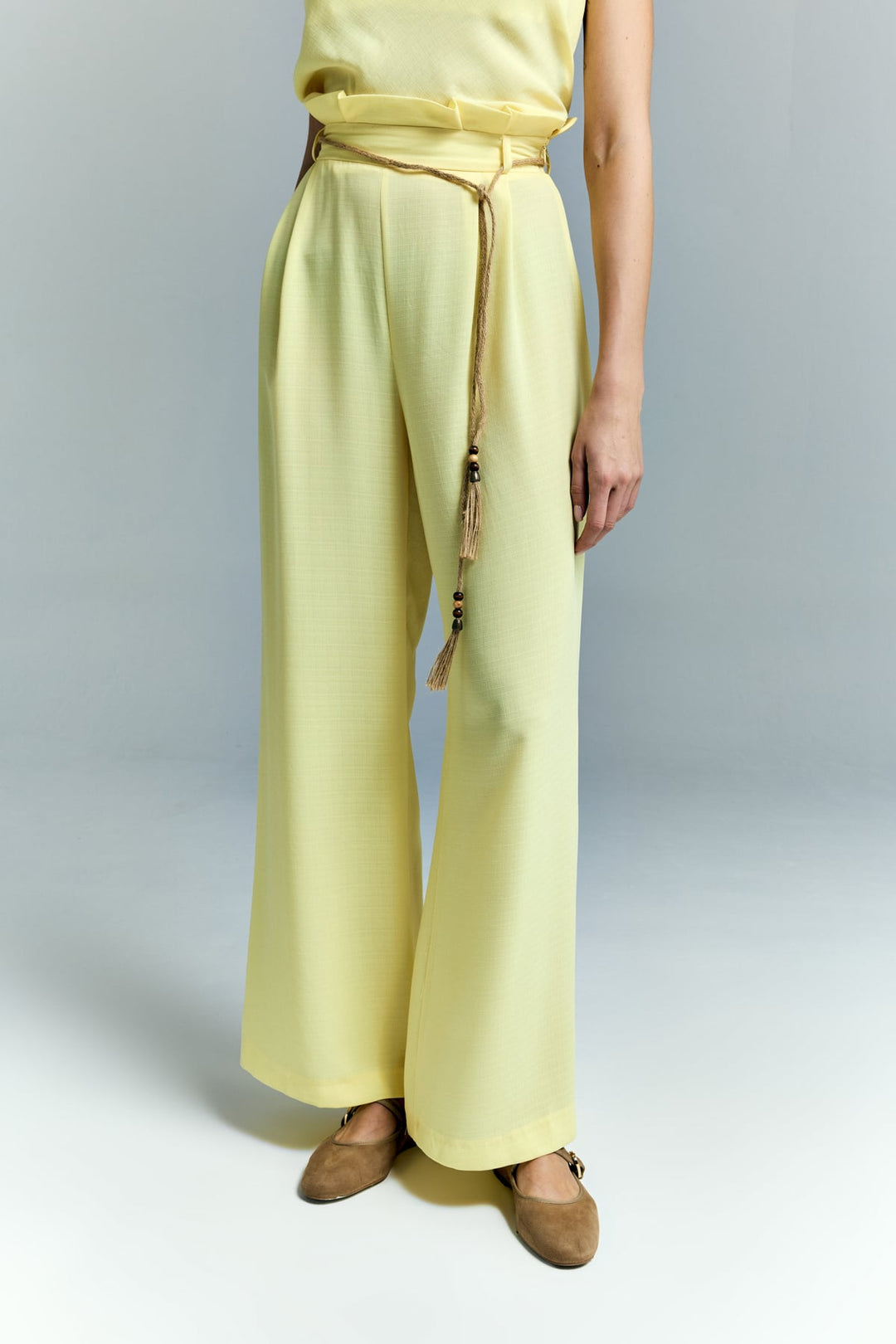 Sateen Pantalon à Détails Ceinture - Jaune