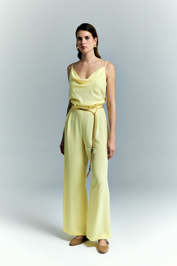 Sateen Pantalon à Détails Ceinture - Jaune