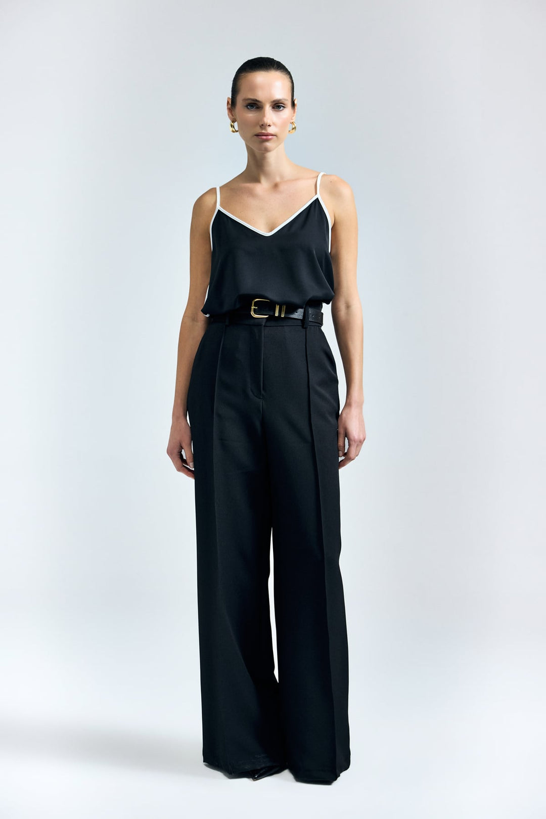 Sateen Pantalon avec détail de ceinture - Noir