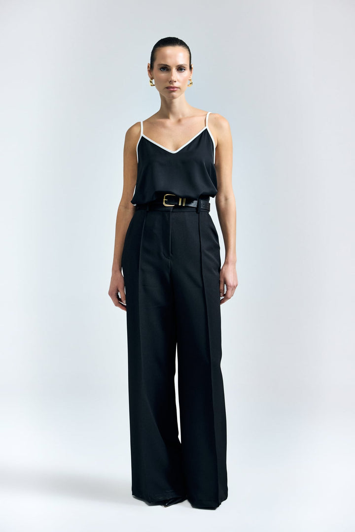 Sateen Pantalon avec détail de ceinture - Noir