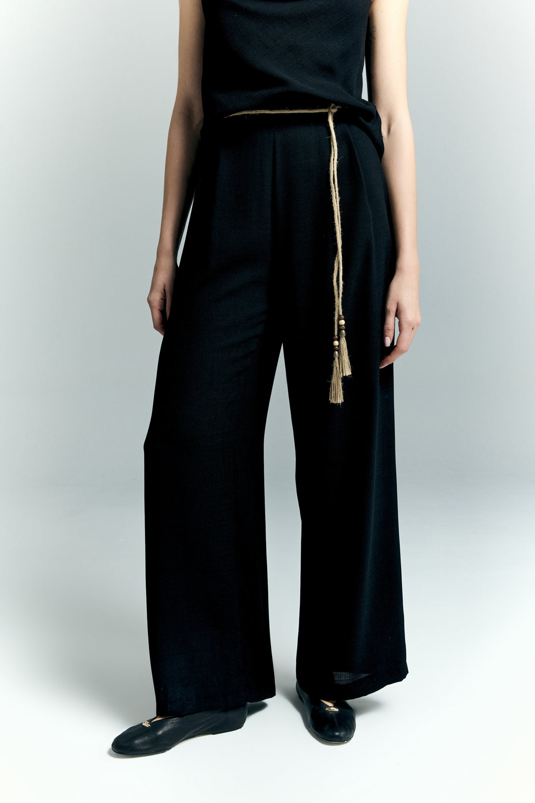 Sateen Pantalon à Détails Ceinture - Noir